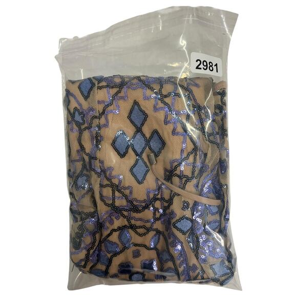 Free People Dress Womens 2 Blue Tan Sequin Mini Boho Festival Party Mesh HOCO - Picture 11 of 12